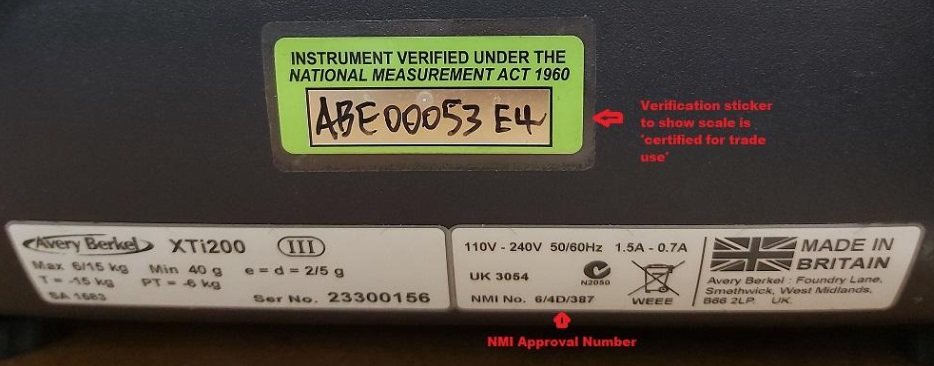 Example of a weighing instrument name plate showing NMI approval number and verification sticker